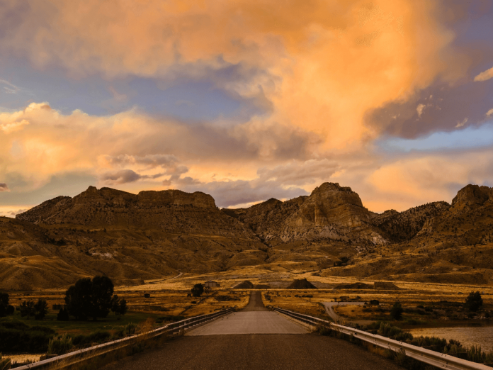 Road to Cody Wyoming at sunset